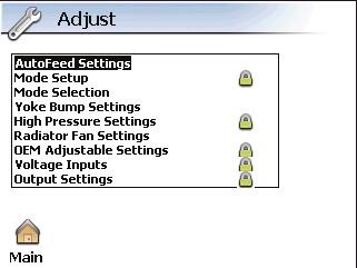 Adjust Menu Menu System This page provides access to the various adjustable settings on the Machine. To access the Adjust menu: 1. Press the F1 button while on the Main menu page.