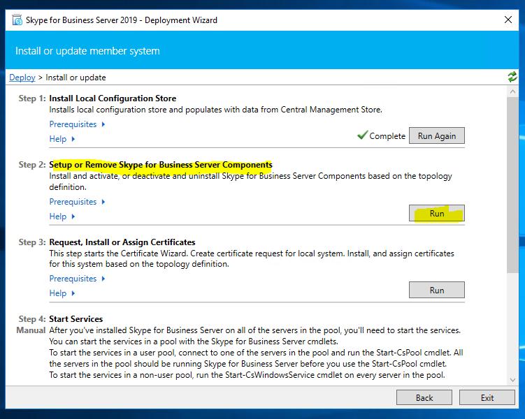 Step 2: Setup or Remove Skype for Business Server Components This will execute the setup on local
