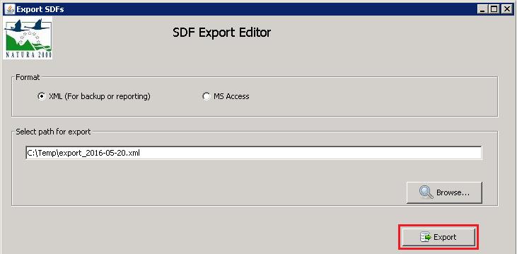 Next, choose which format to export into, which can be either an XML-file or a MS Access database following the latest SDF schema and template.