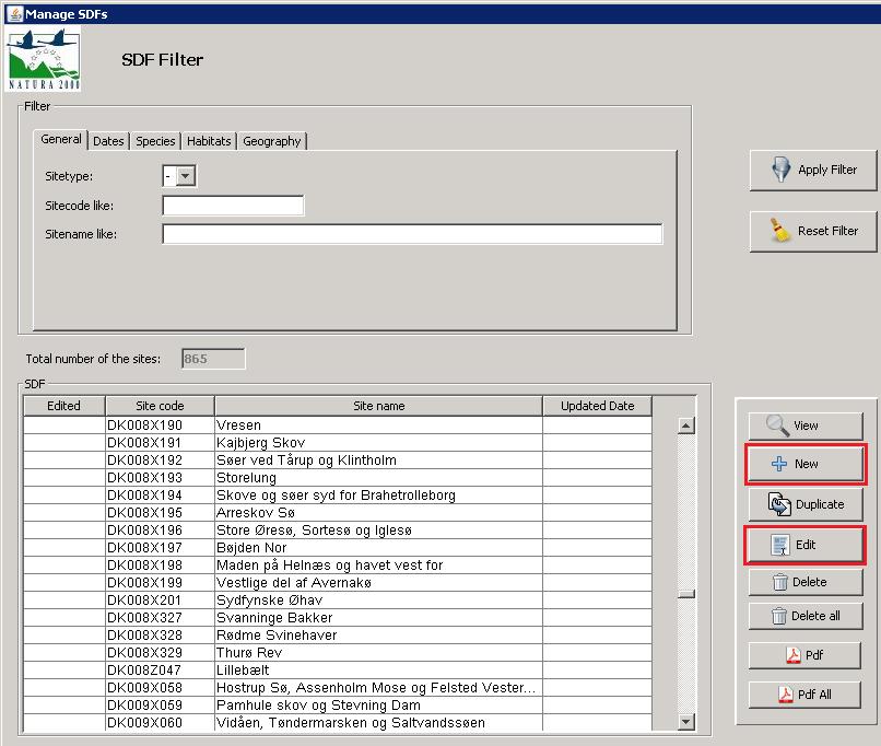 1 Create new- or edit existing sites In the main menu of the tool, select Manage SDFs A list of existing sites will be