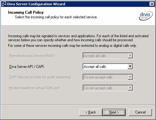 Screenshot 1: Diva Server Configuration Wizard: - Configuring CAPI to answer all calls.