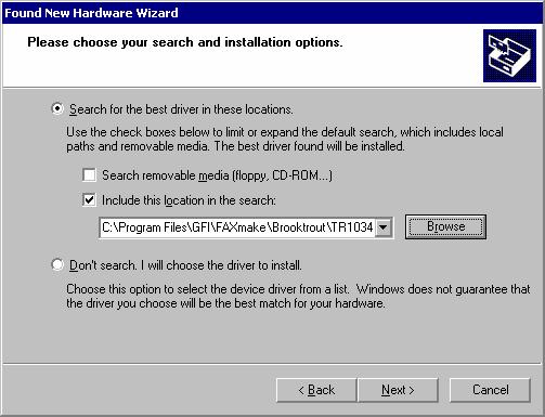 Screenshot 3: Add New Hardware wizard: Search and install options dialog 8. Go to Control Panel > Add New Hardware.