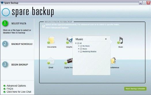Configuring Spare Backup 9 Select a File Type to back up.