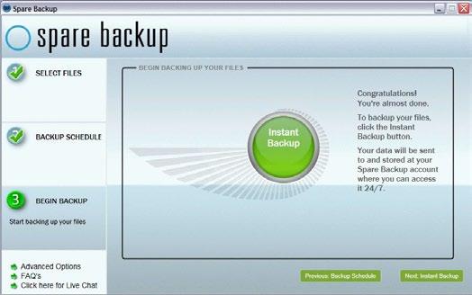 Configuring Spare Backup 11 Click the Instant Backup button