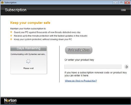 Enter your Norton Internet Security 2010 activation code where indicated below (Fig. 5). Fig. 4 Note: Do NOT click the Subscribe Now option.