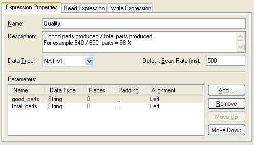 Figure 11: Expression Properties - Parameters A Process Point in GraphWorX32 should then have the following syntax to present the value as a percentage: x= {{exp:oee.
