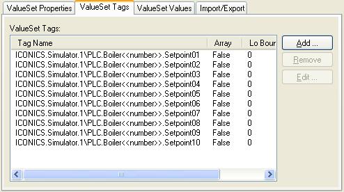 5. Edit the tag for each tagname in the list to use the <<number>> parameter to identify any of our multiple boilers. Figure 21: Value Set Tags with a Parameter 6.