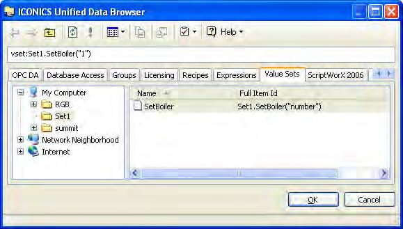 In GraphWorX32 you would use the Unified Data Browser to select the Value Set and to replace number with the desired boiler number, for instance 1 Figure 23: Selecting Value Sets in Unified Data