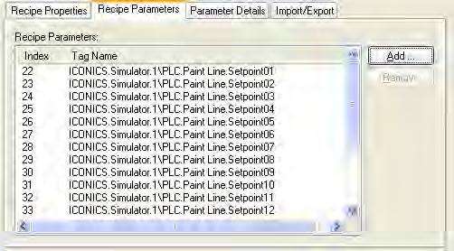 3. The Recipe Parameters tab needs to be assigned a list of OPC tags for the paint line: Figure 26: Recipe