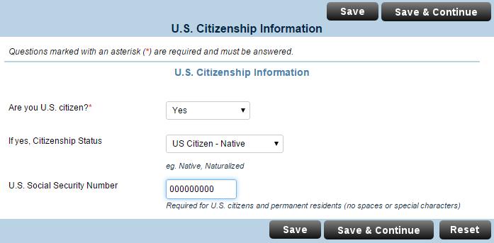 9. On the U.S. Citizenship Information page, answer YES for U.S. Citizen. If you are not a US citizen, please select the appropriate options and contact our office to discuss any special arrangements you may need to make.