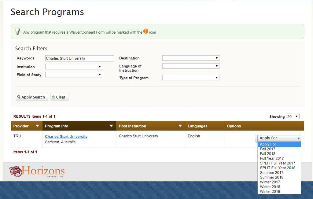 Once you are on the page of your home university click Apply. You will then be prompted to select your semester of study.
