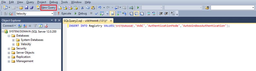 Figure 19: Enter New Query INSERT INTO Registry VALUES(<Velocity Server name>,'vwsc','authenticationmode','autowindowsauthentication'); For example: INSERT INTO