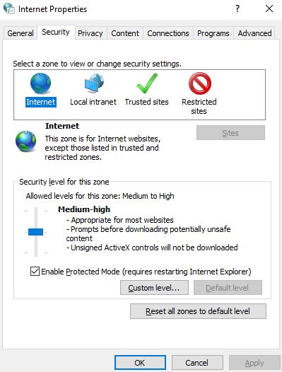 Figure 27:Security tab in Internet Properties 4.