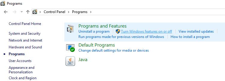 Figure 1: Turn Windows Features ON or OFF in Programs 3.