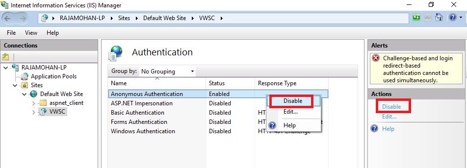 On the left panel in connections, select User->Sites->Default Web Sites->VWSC. 3. Double-click Authentication as shown in Figure 11. Figure 11: VWSC Authentication in IIS Manager 4.