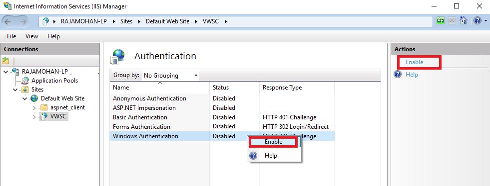 Except Windows Authentication all other authentications must be disabled as shown in