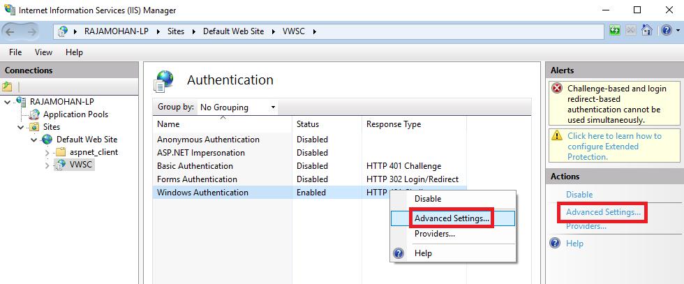 Right click Windows Authentication and select Advanced Settings or click Advanced