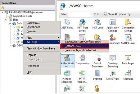 8. In IIS Manager window, right click Default Web Site ->All Tasks-> Restart IIS