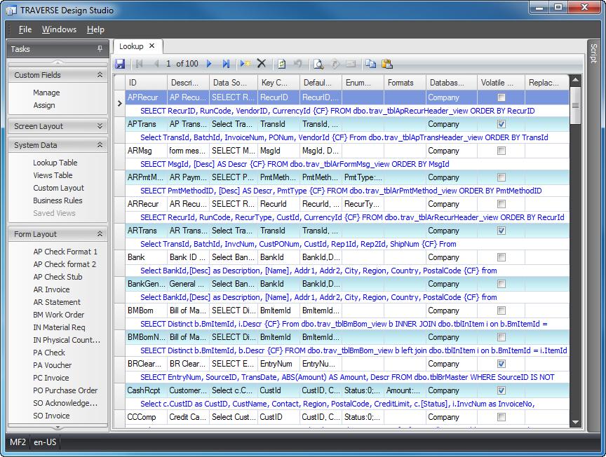 Lookup Table To define what appears when you use the Lookup command, select Lookup Table from the System Data menu in TRAVERSE Design Studio. The Lookup screen appears.