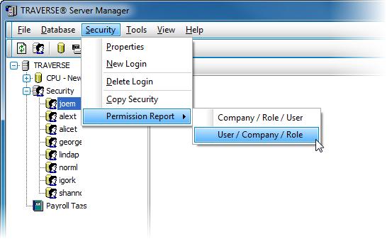 Permission Report Use the Permission Report function to generate a report that lists the menu functions a group has permission to access for each company.