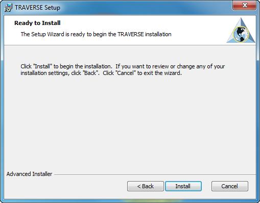 The Ready to Install screen appears. 9. Click Install to proceed with the TRAVERSE client installation.