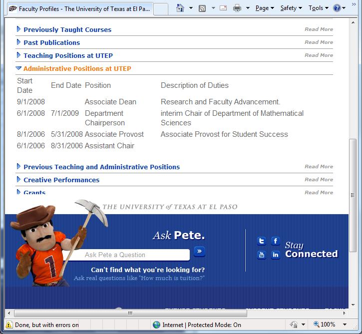 Administrative Positions at UTEP are pulled from Digital Screen(s): Administrative Assignments Field(s): Academic Year (