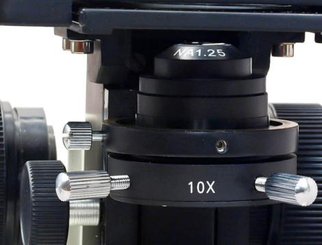 The darkfield condenser works with the 4X, 10X, 40X regular brightfield s. The darkfield condenser does not work with the regular 100X oil immersion.