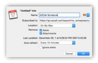 Apple Calendar Subscription-Adding Manually In the event that clicking the subscription icon within Kronos EZCall does not automate the process with your Apple