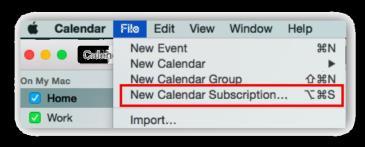 Copy the second link provided. 3. Open Apple Calendar. 4. From the File menu, select New Calendar Subscription. 5. Paste the copied URL from Kronos EZCall. 6.