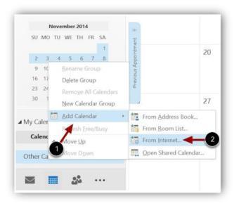 Outlook Calendar Subscription-Adding Manually In the event that clicking the subscription icon within Kronos EZCall does not automate the process with your Outlook