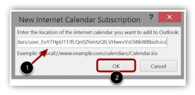 8. To confirm you wish to add the internet calendar to Outlook and subscribe to updates, click the Yes button. To configure the calendar options, click the Advanced button.