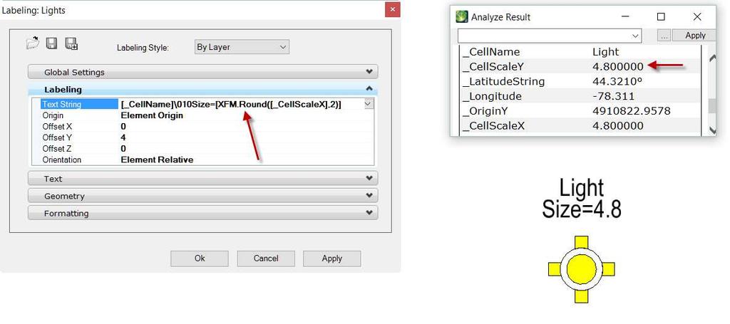 Labeling The extended properties are available in the Map Manager Labeling dialog as well. In this example, the name of the cell and size is being labeled. Note the use of [XFM.Round([property)].