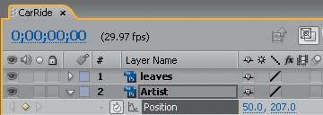130 LESSON 5 Animating a Multimedia Presentation 7 Set the Position values for the Artist layer to 50.0, 207.