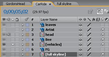 5 Turn on motion blur for all three layers, and then switch to the CarRide Timeline panel