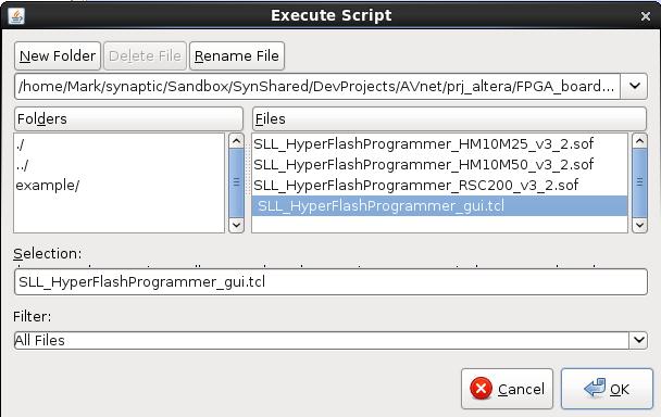 Now we can execute Synaptic Labs HyperFlashProgrammer script in order to start the programmer. In the system-console, select File->Execute Script.