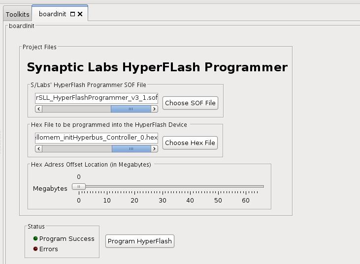 First we must load S/Lab's Hyper Flash Programmer bitstream into the FPGA. Press on Choose Sof File button.