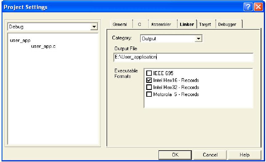 Figure 16 displays the Project Settings dialog box, with the Linker tab selected and a Category selection of Output.