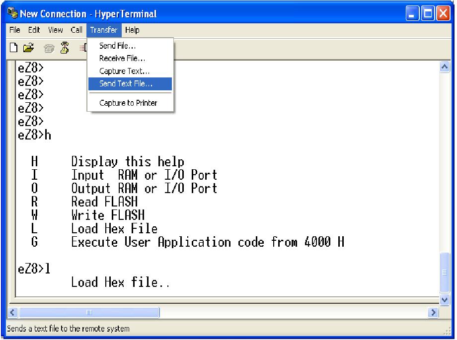 As displayed in Figure 7, choose the Send Text File option from the Transfer menu to download