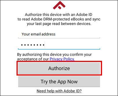 The first time you run the Freading app, it will ask you to authorize it with the Adobe ID you created