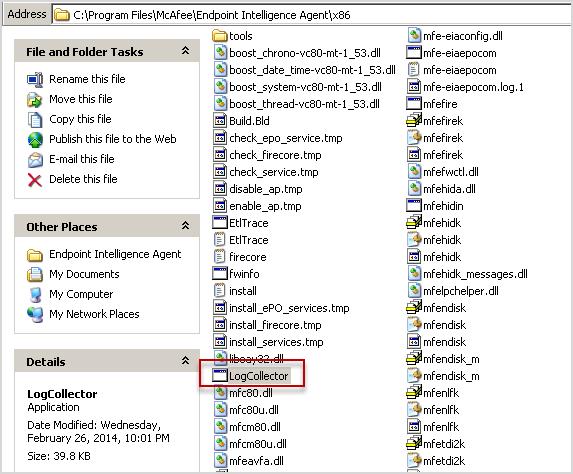 Maintenance and troubleshooting Log Collector tool 5 Log Collector tool You can collect logs by executing the LogCollector.exe that is available in the McAfee EIA installation folder.