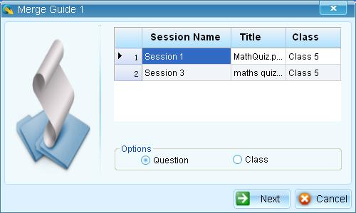 3. The sessions to be merged must have the same class, subject name, quiz file and number of questions, so that the merge window will appear; otherwise, an error message will prompt you to select the