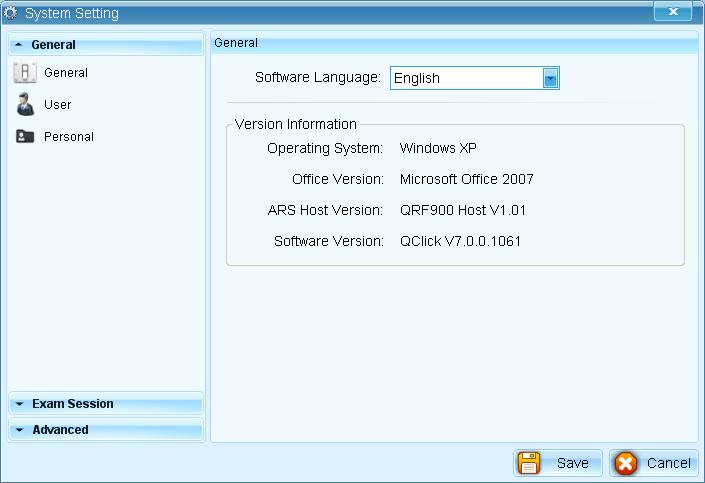 1.4.4.1 General 1.4.4.1.1 General General contains a General, User, and Personal setting. The General setting contains a Software Language Setting and provides software version information.
