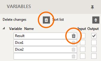 The trash icon displays because the [[Result]] variable is no longer being used in the workflow (Remember, we overwrote the instances of it with [[Dice1]] and [[Dice2]]).