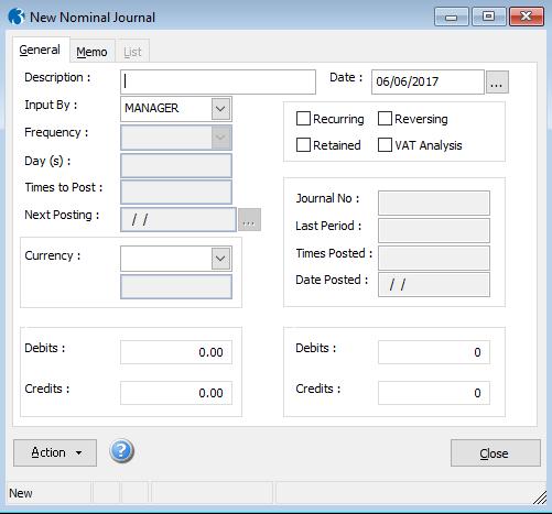 Journals There are four types of journal documents which can be created; Standard Created within the current nominal period and if balanced, the user is given the option to Post and print immediately.