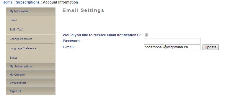 If you do not want to receive emails: uncheck this box press Update button If you want to