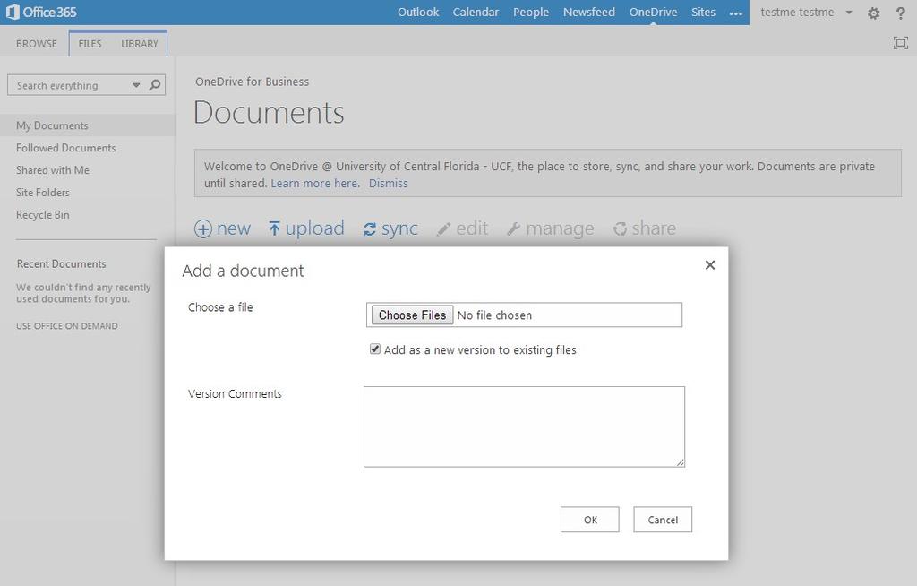 Uploading Documents Select Upload to upload your file to OneDrive. Click Choose Files to search through your computer drive for documents you wish to store on OneDrive.