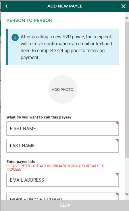 Click the + sign under My Payees to add a new payee (or you can go directly to New