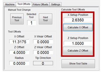 7. Move the machine to a known location in the X axis on the part 8. Enter in the known X location in the X Setup Position field 9. Go to the Tool Offset tab (Figure 11) 10.