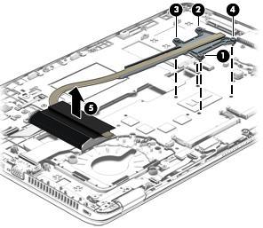 2. Following the 1, 2, 3, 4 sequence stamped into the heat sink, loosen the four captive Philllips screws (1) (4) that secure the heat sink to the system board, and then remove the heat sink (5).