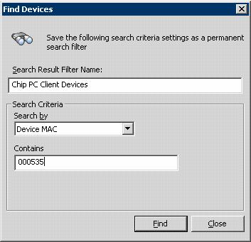 4) A new dialog box named Find Devices will appear. 5) In the Find Devices dialog, in the Search Result Filter Name field, enter a name for the query results.